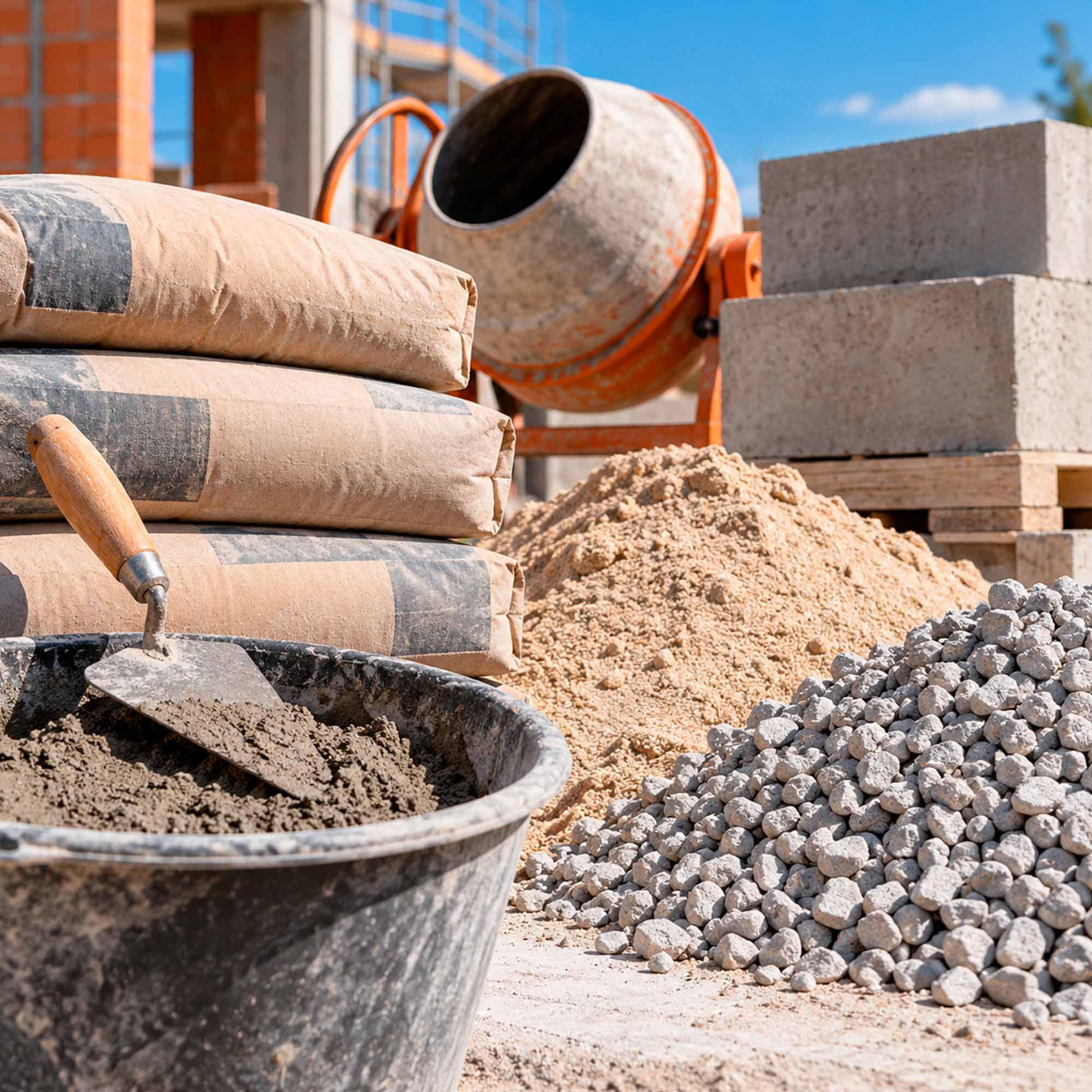 Cemento, morteros y áridos en almacén de materiales de construcción